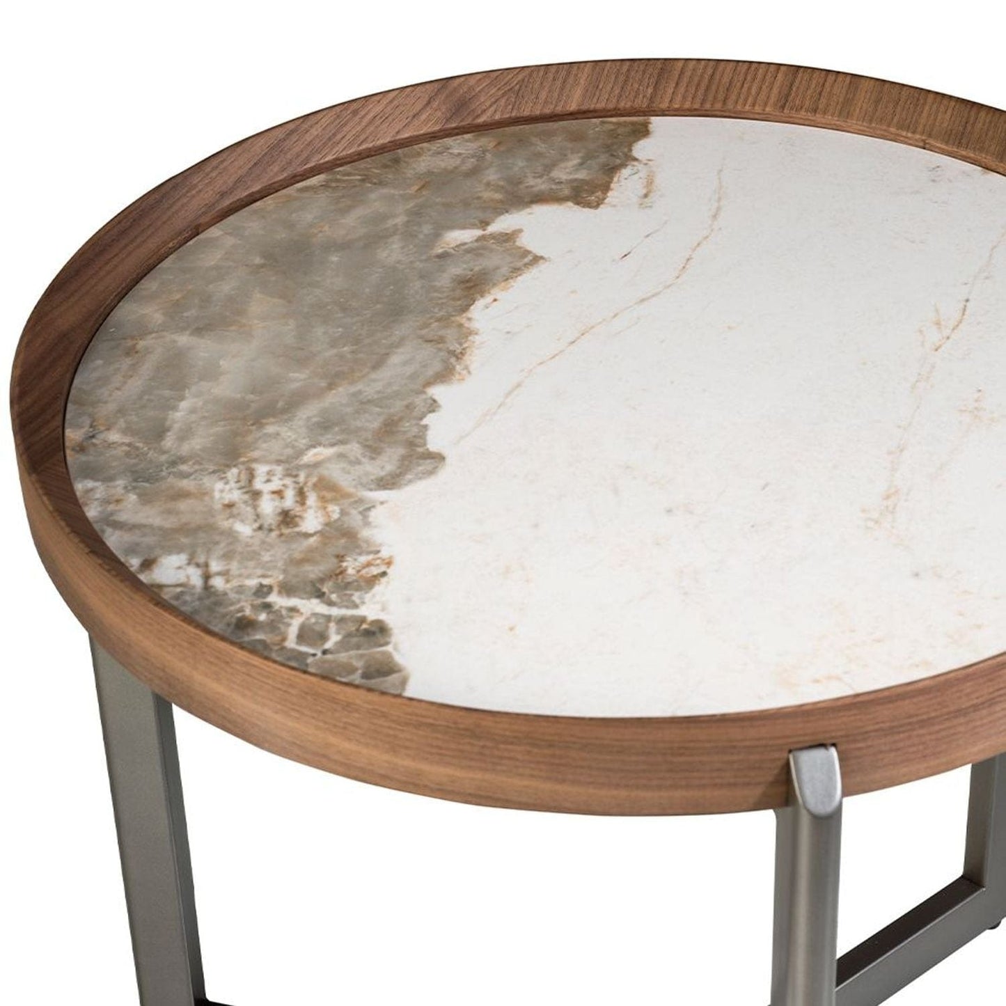 Canvanation Table d'Angle Ronde Moderne en Bois de Noyer et Marbre Blanc avec Structure en Acier Inoxydable