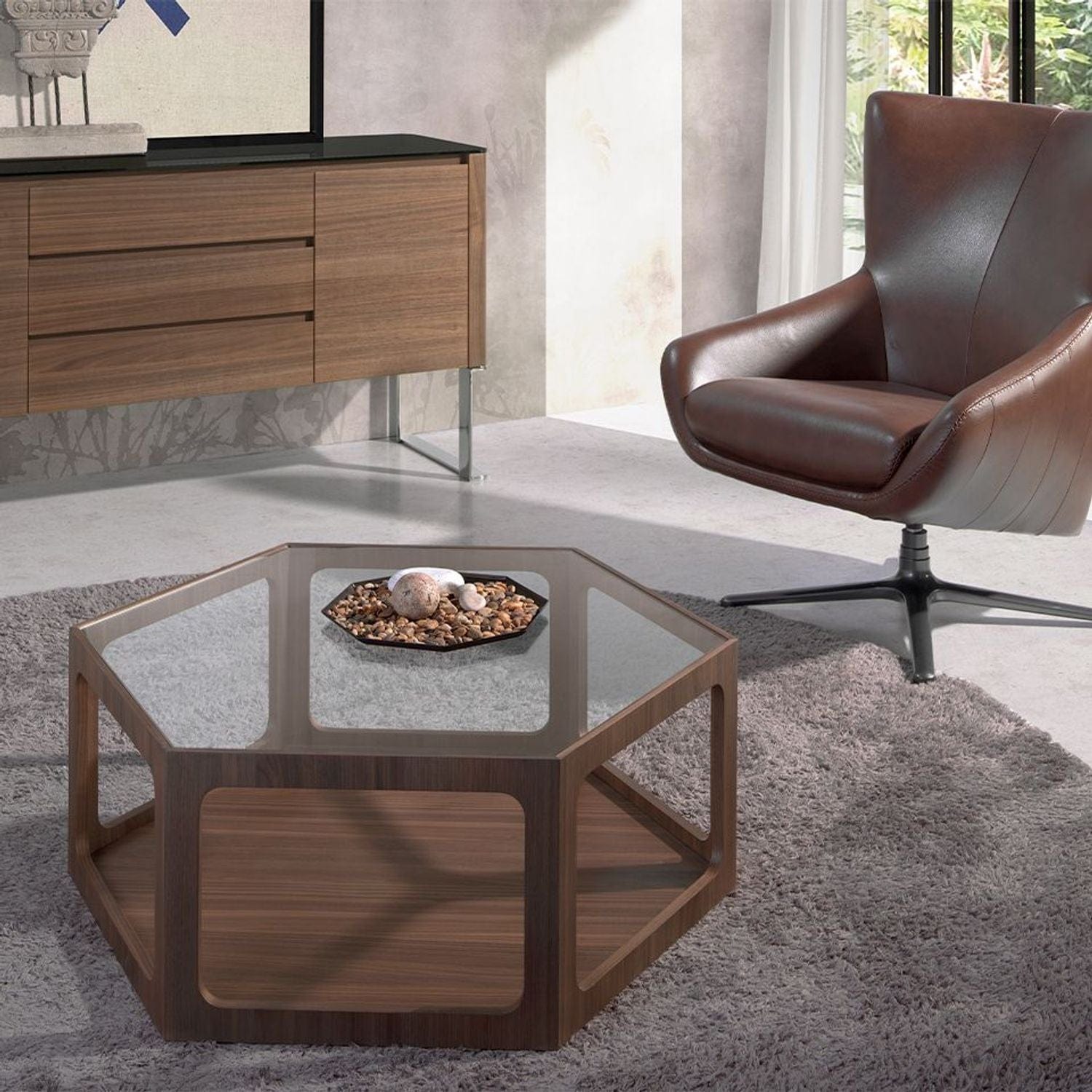 Canvanation Table Basse Hexagonale en Bois Noyer et Verre Trempé Design Moderne