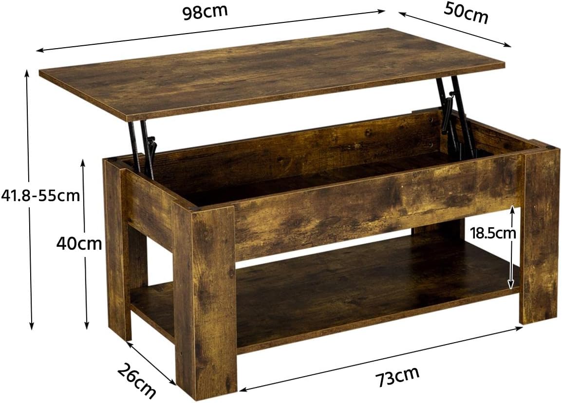 Canvanation Table Basse Brun à Plateau Relevable 98 x 50 x 42 cm : Style Intemporel et Praticité