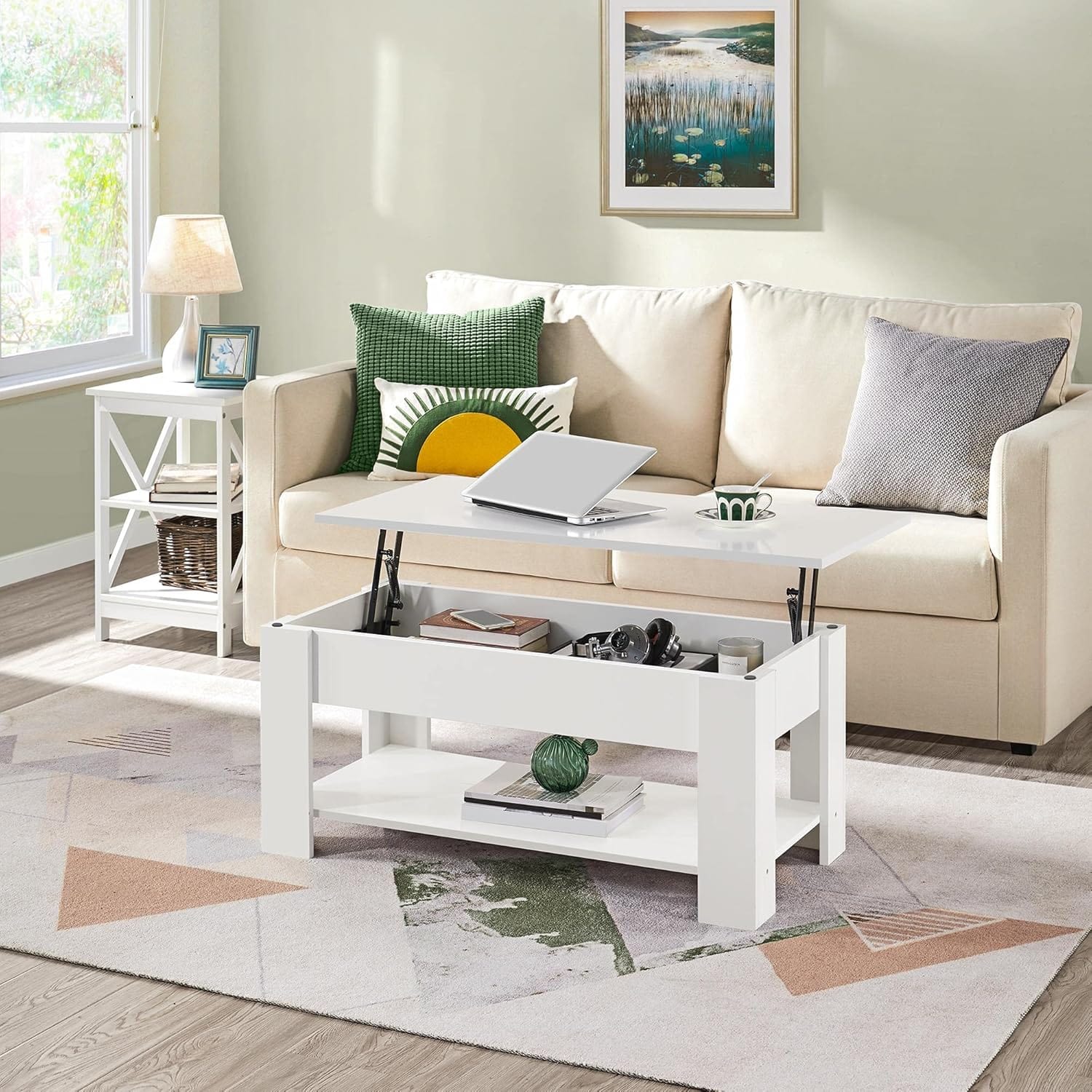 Canvanation Table Basse Blanche à Plateau Relevable 98 x 50 x 42 cm : Élégance et Fonctionnalité au Quotidien