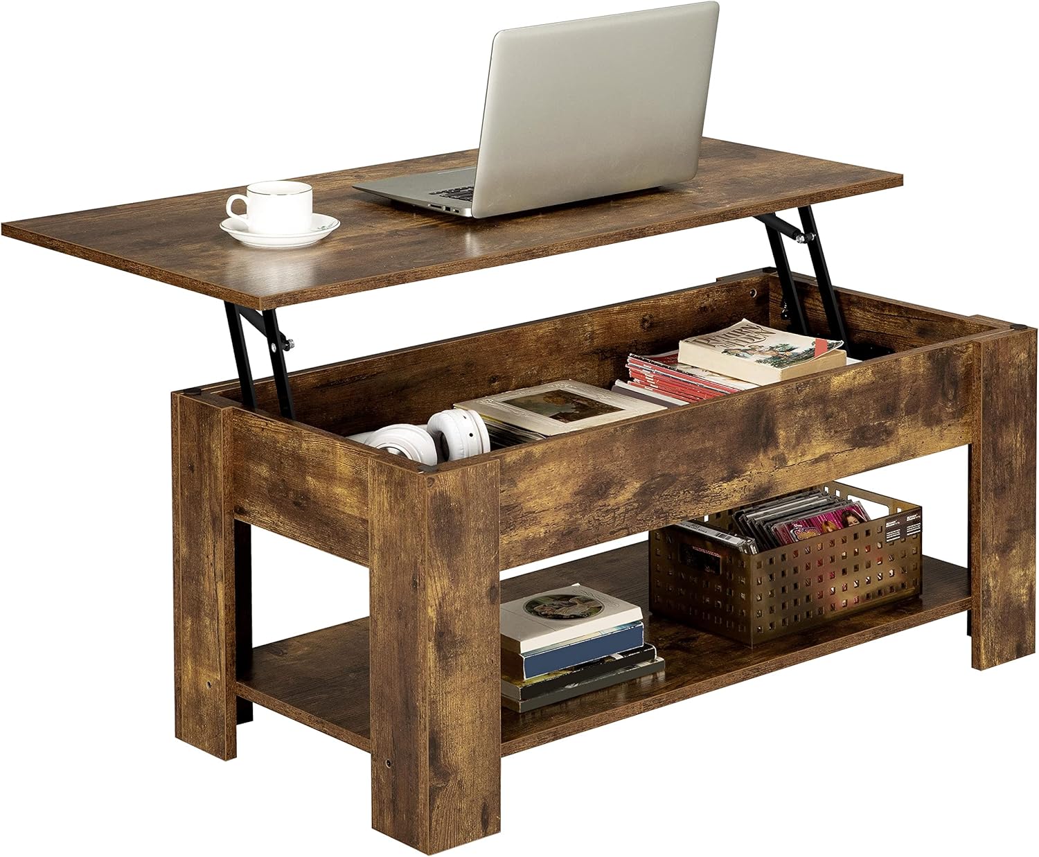 Canvanation Table Basse Brun à Plateau Relevable 98 x 50 x 42 cm : Style Intemporel et Praticité