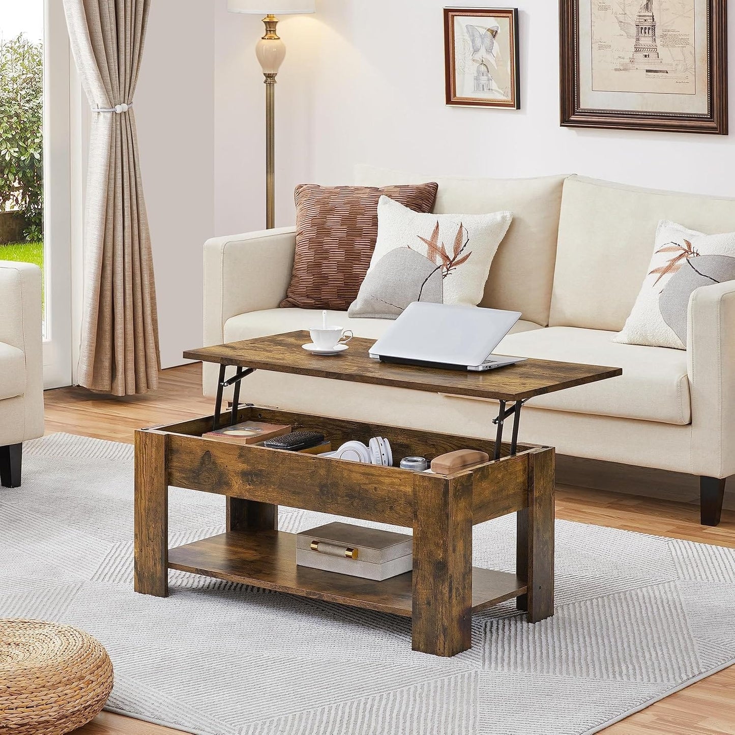 Canvanation Table Basse Brun à Plateau Relevable 98 x 50 x 42 cm : Style Intemporel et Praticité