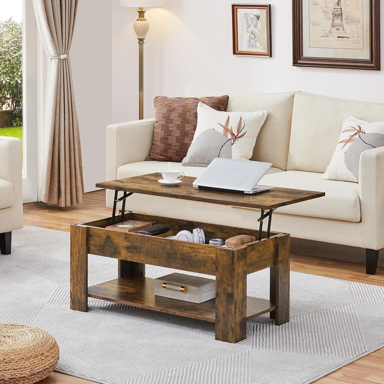 Canvanation Table Basse Brun à Plateau Relevable 98 x 50 x 42 cm : Style Intemporel et Praticité