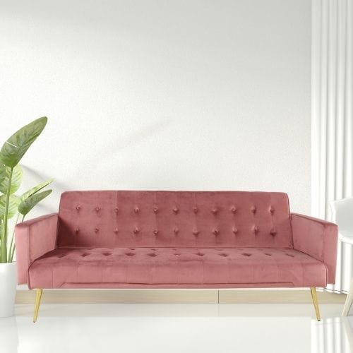 Canvanation Canapé-Lit Convertible 3 Places en Velours Rose avec Pieds Dorés – Style Moderne et Chic