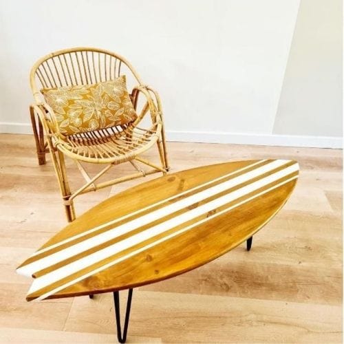 Canvanation Table Basse Planche de Surf Fish en Bois Fait-Main avec Pieds Épingle