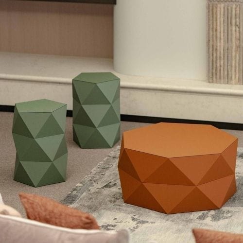 Canvanation Table d'Appoint en Bois et Cuir Recyclé : Design Géométrique et Élégance par Pinetti