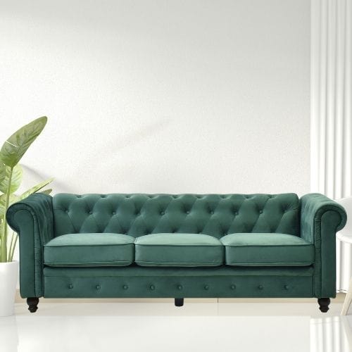 Canvanation Canapé Chesterfield 3 Places en Velours Vert – Élégance et Confort au Rendez-vous