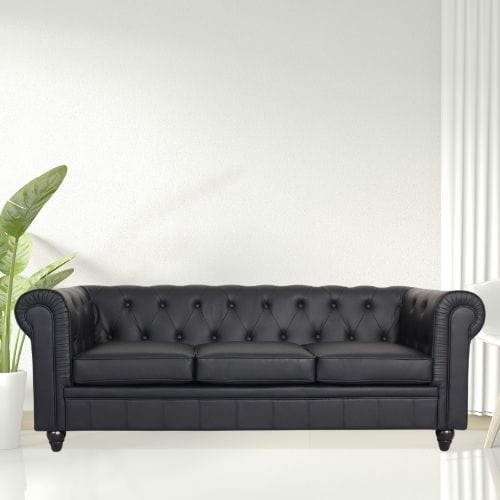 Canvanation Canapé Chesterfield 3 Places en PU Noir – Élégance et Confort au Rendez-vous