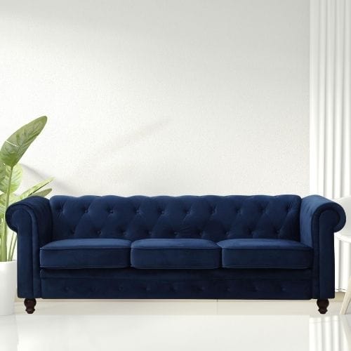 Canvanation Canapé Chesterfield 3 Places en Velours Bleu – Élégance et Confort au Rendez-vous