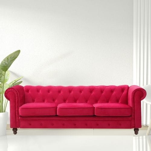Canvanation Canapé Chesterfield 3 Places en Velours Rouge – Élégance et Confort au Rendez-vous
