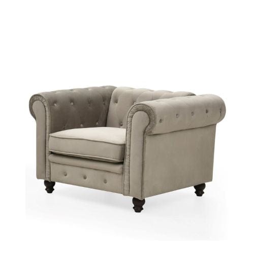 Canvanation Fauteuil Chesterfield Velours Taupe – Élégance et Confort à l’Anglaise