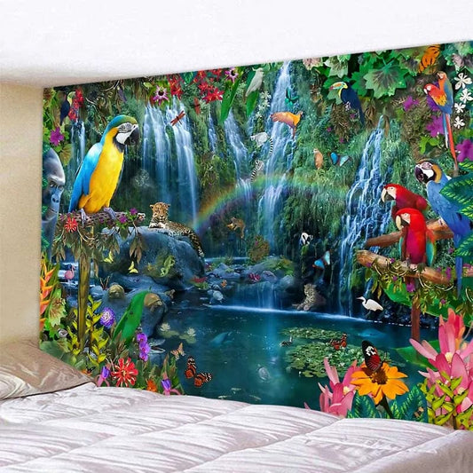 Canvanation Tapisserie d'Art Jungle Oiseau – Scène Psychédélique