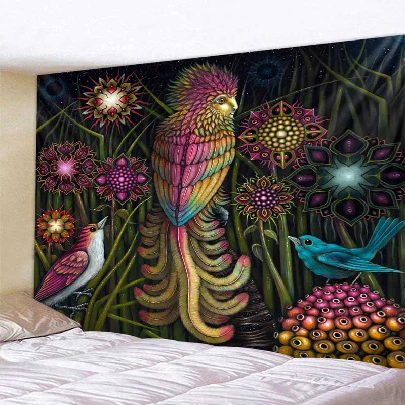 Canvanation black / 230x180cm Tapisserie d'Art Jungle Oiseau – Scène Psychédélique
