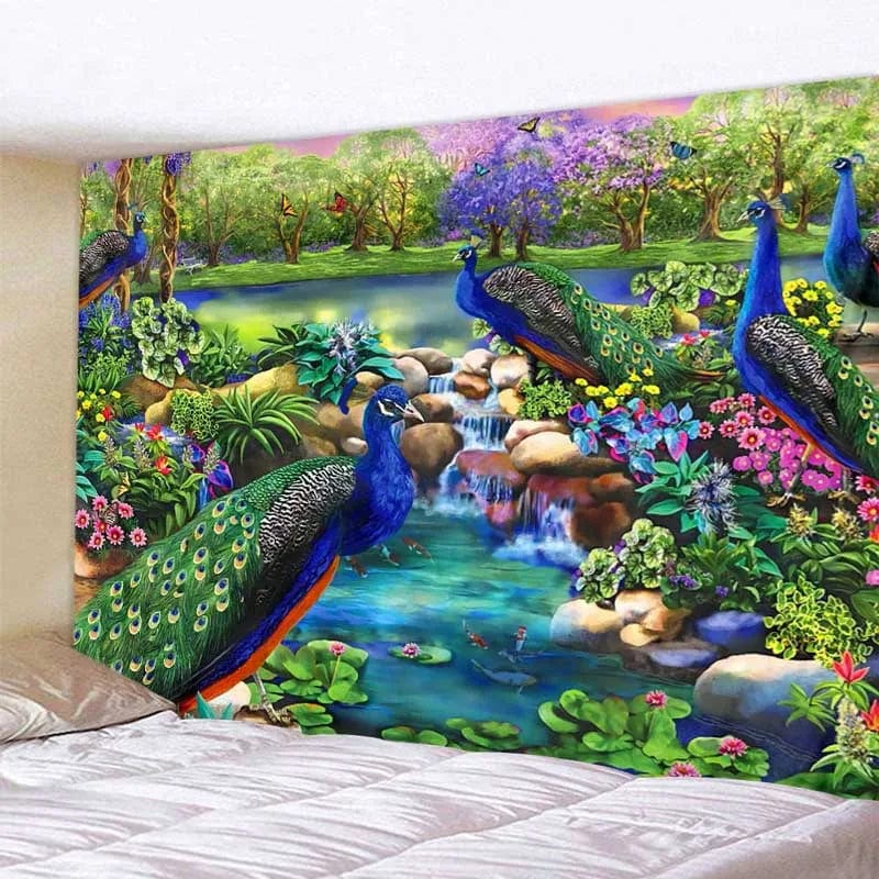 Canvanation Tapisserie d'Art Jungle Oiseau – Scène Psychédélique