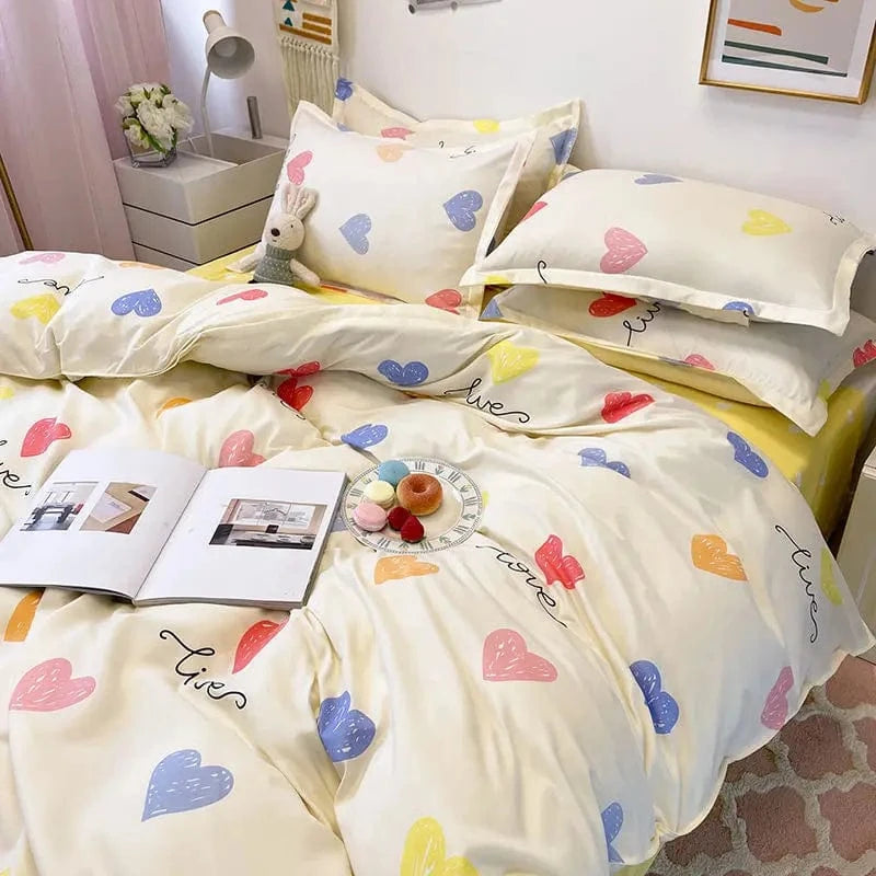 Canvanation Housse De Couette + Taies D'Oreillers + Drap De Lit - Coeurs Imprimés