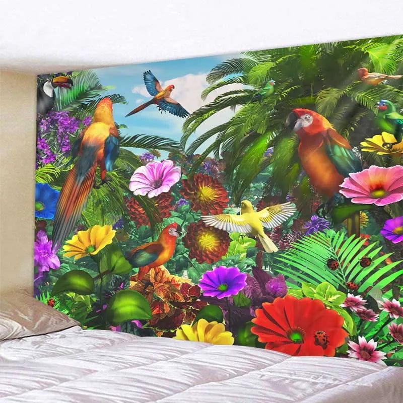 Canvanation Tapisserie d'Art Jungle Oiseau – Scène Psychédélique