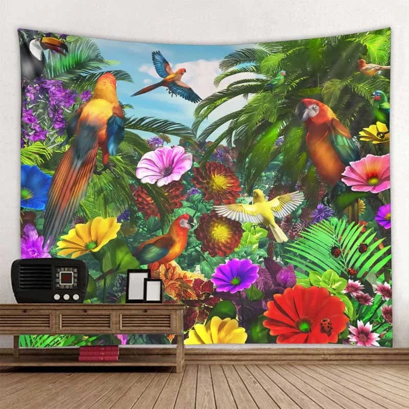 Canvanation Tapisserie d'art Jungle Oiseau Scène Psychédélique