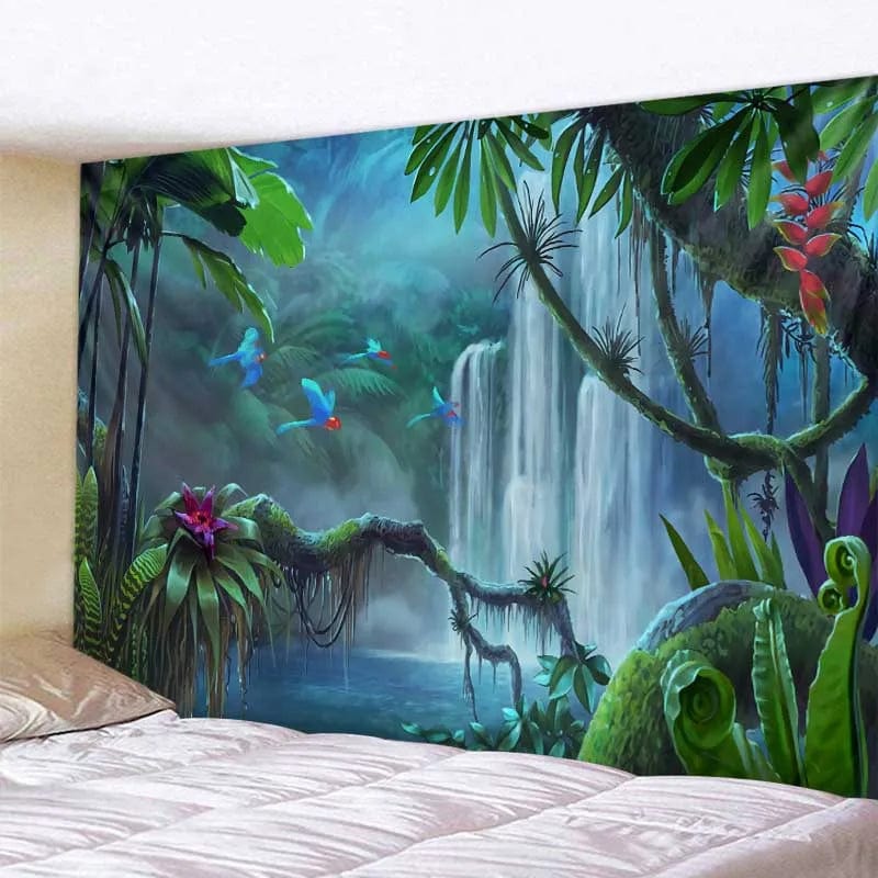 Canvanation Blue / 230x180cm Tapisserie d'art Jungle Oiseau Scène Psychédélique