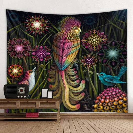 Canvanation Tapisserie d'Art Jungle Oiseau – Scène Psychédélique