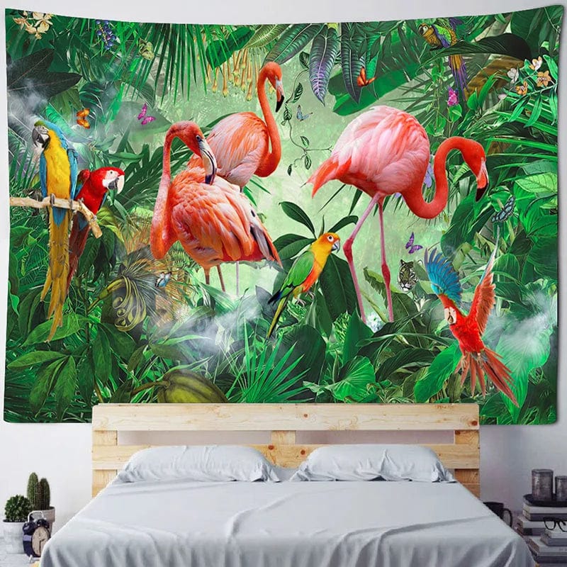 Canvanation Pink / 150x100cm Tapisserie d'Art Jungle Oiseau – Scène Psychédélique