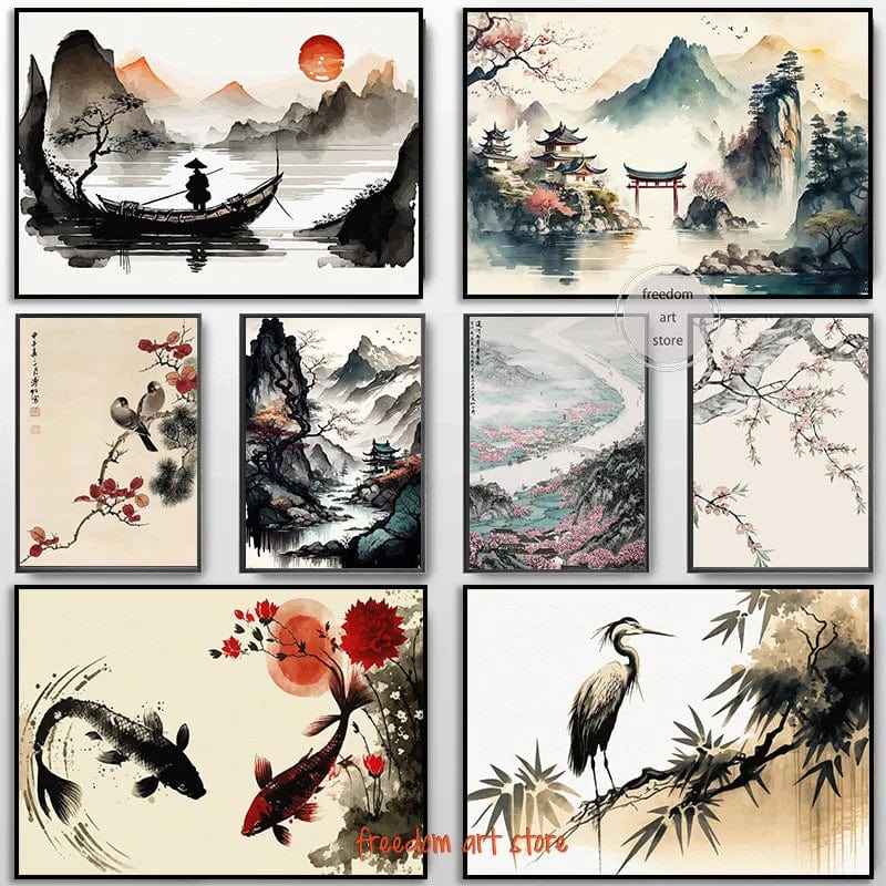 Canvanation Affiche Japonais Paysage Chinois Couple Oiseaux Forêt Montagne Rivière Poisson Carpe Koi