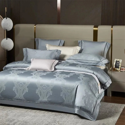 Canvanation IVANA - Drap Housse + Housse De Couette + Oreiller en coton égyptien de luxe Bleu Gris