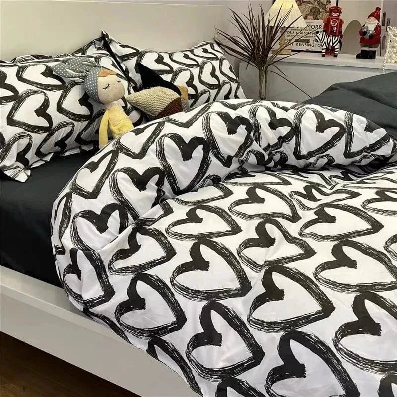 Canvanation Housse De Couette + Taies D'Oreillers + Drap De Lit - Coeurs Imprimés