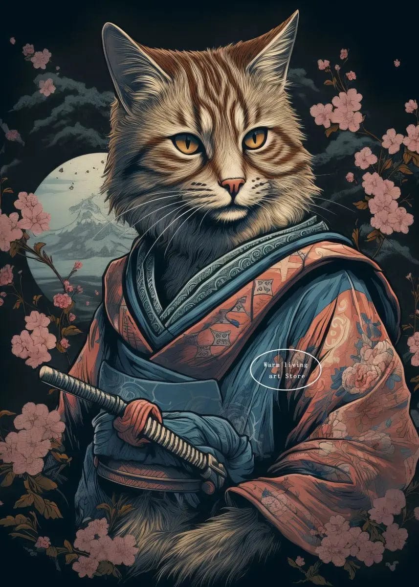 Canvanation 50X70cm / 6 Affiche Japonais Chat Samurai Katana Sakura