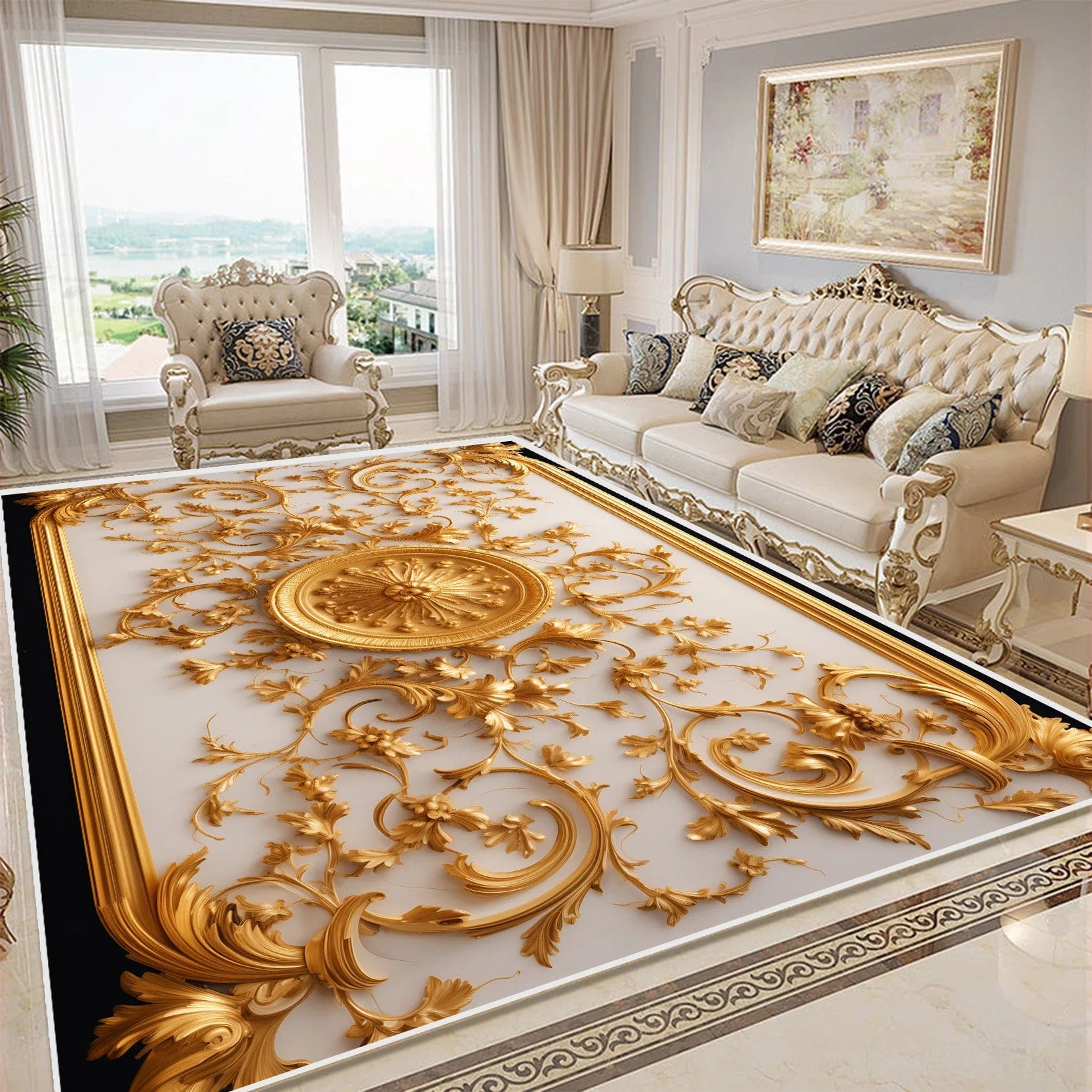Canvanation OS4-Flannel-7 / 200x400cm 78.7x157in Tapis De Chambre - Fleurs Dorée 3D Luxe