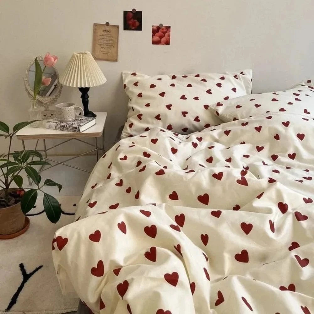 Canvanation 2 / 200X230 + 230X230 + 48X74 Cm / 79X91 + 91 X 91 + 19 X 29 inch / 1 Housse De Couette + Taies D'Oreillers + Drap De Lit - Coeurs Imprimés