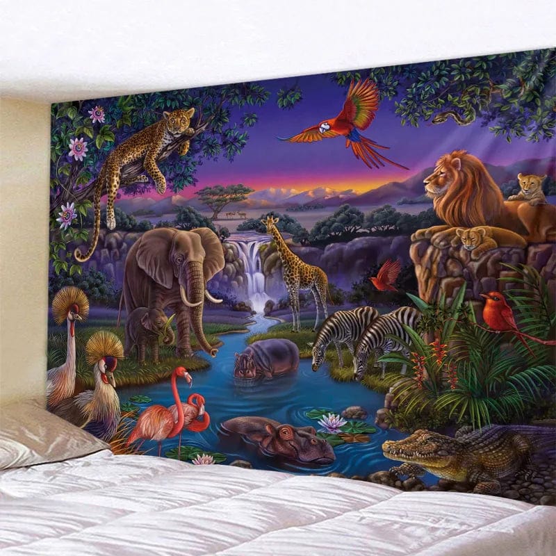Canvanation Tapisserie d'Art Jungle Oiseau – Scène Psychédélique