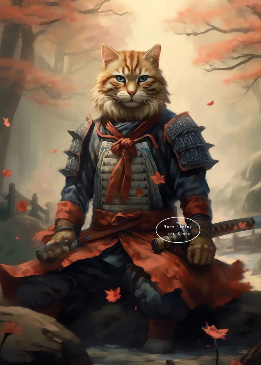 Canvanation 50X70cm / 19 Affiche Japonais Chat Samurai Katana Sakura