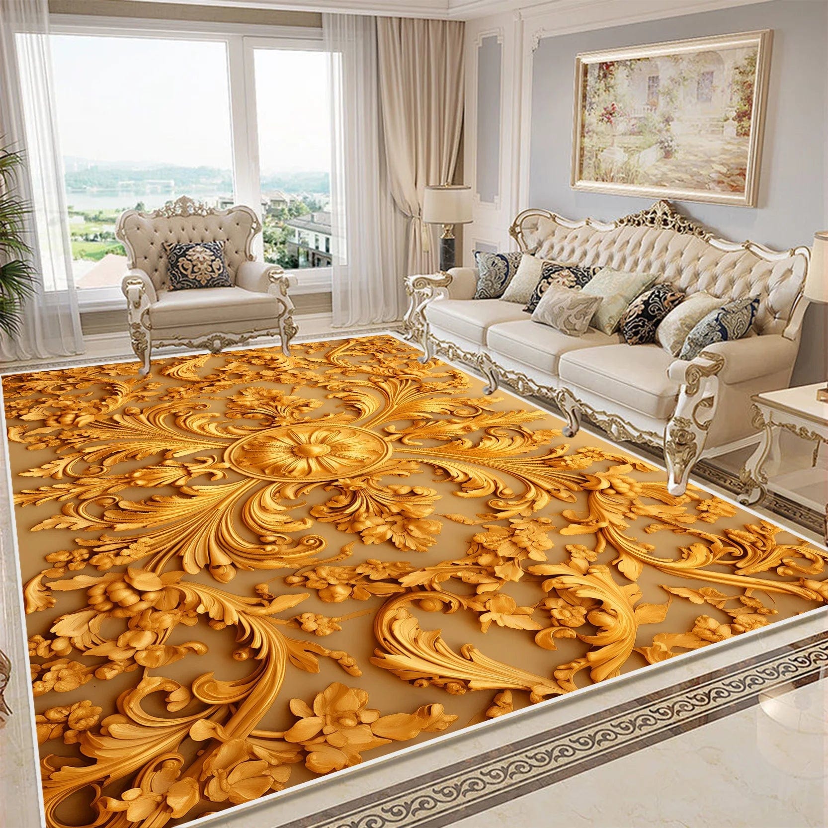 Canvanation OS4-Flannel-5 / 200x400cm 78.7x157in Tapis De Chambre - Fleurs Dorée 3D Luxe