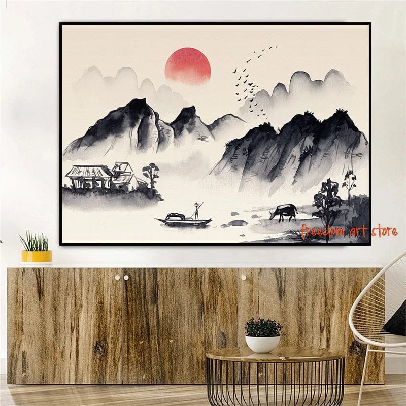Canvanation Affiche Japonais Paysage Chinois Couple Oiseaux Forêt Montagne Rivière Poisson Carpe Koi