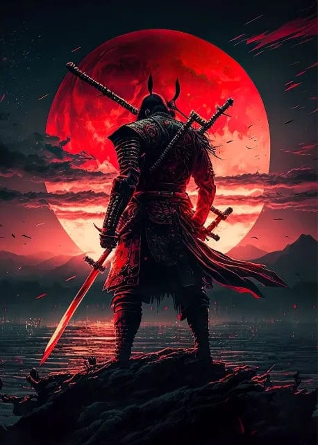 Canvanation black / 55x80cm Affiche Japonais Samurai Sakura Guerrier Coucher De Soleil
