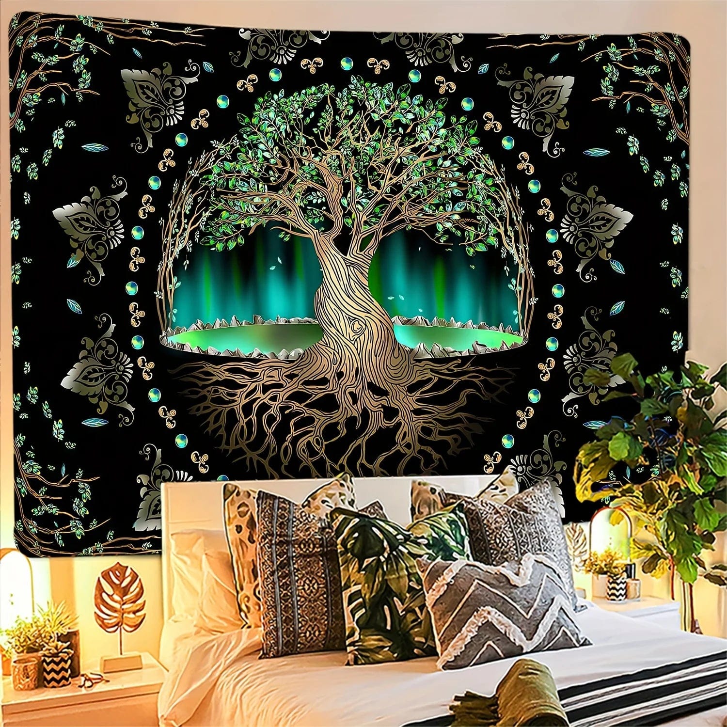 Canvanation Tapisserie Arbre de vie Soleil Lune Etoiles Galaxie Colorée Hippie Psychédélique