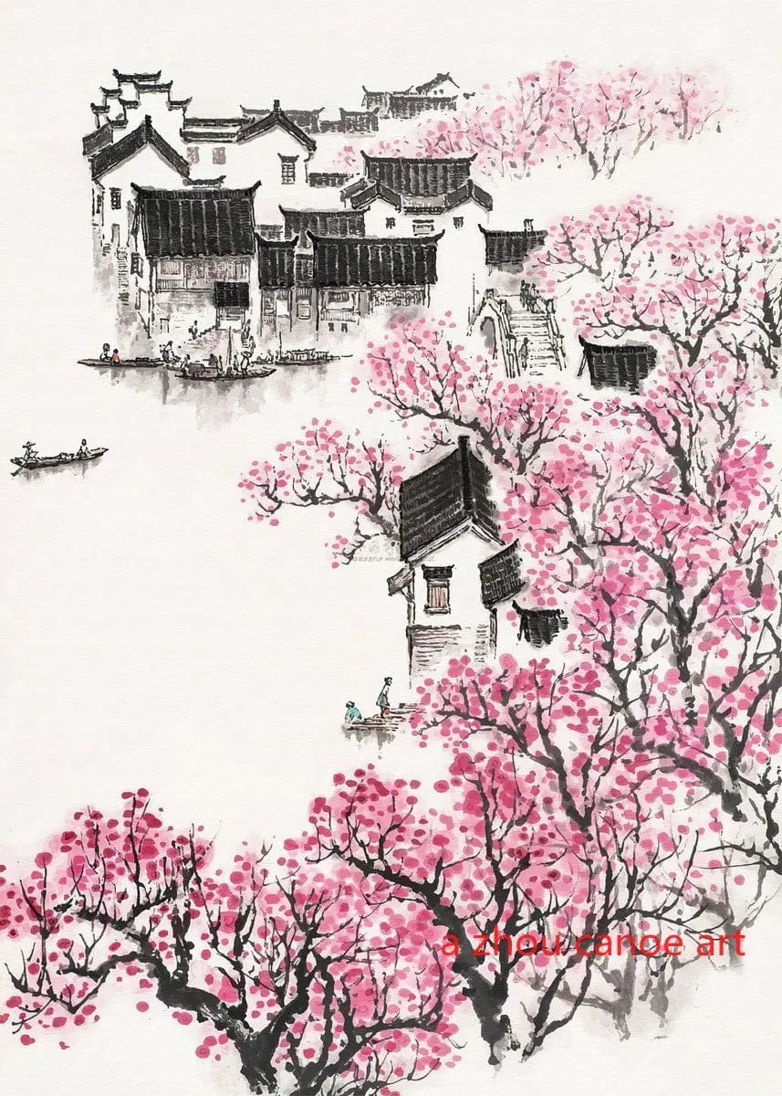 Canvanation 22 / 40X60cm Affiche Japonais Paysage Chinois Couple Oiseaux Forêt Montagne Rivière Poisson Carpe Koi