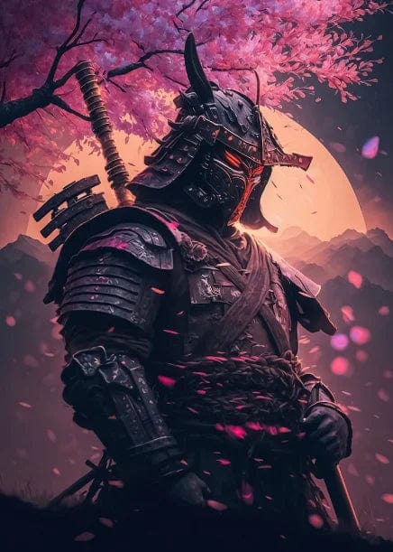 Canvanation dark khaki / 55x80cm Affiche Japonais Samurai Sakura Guerrier Coucher De Soleil