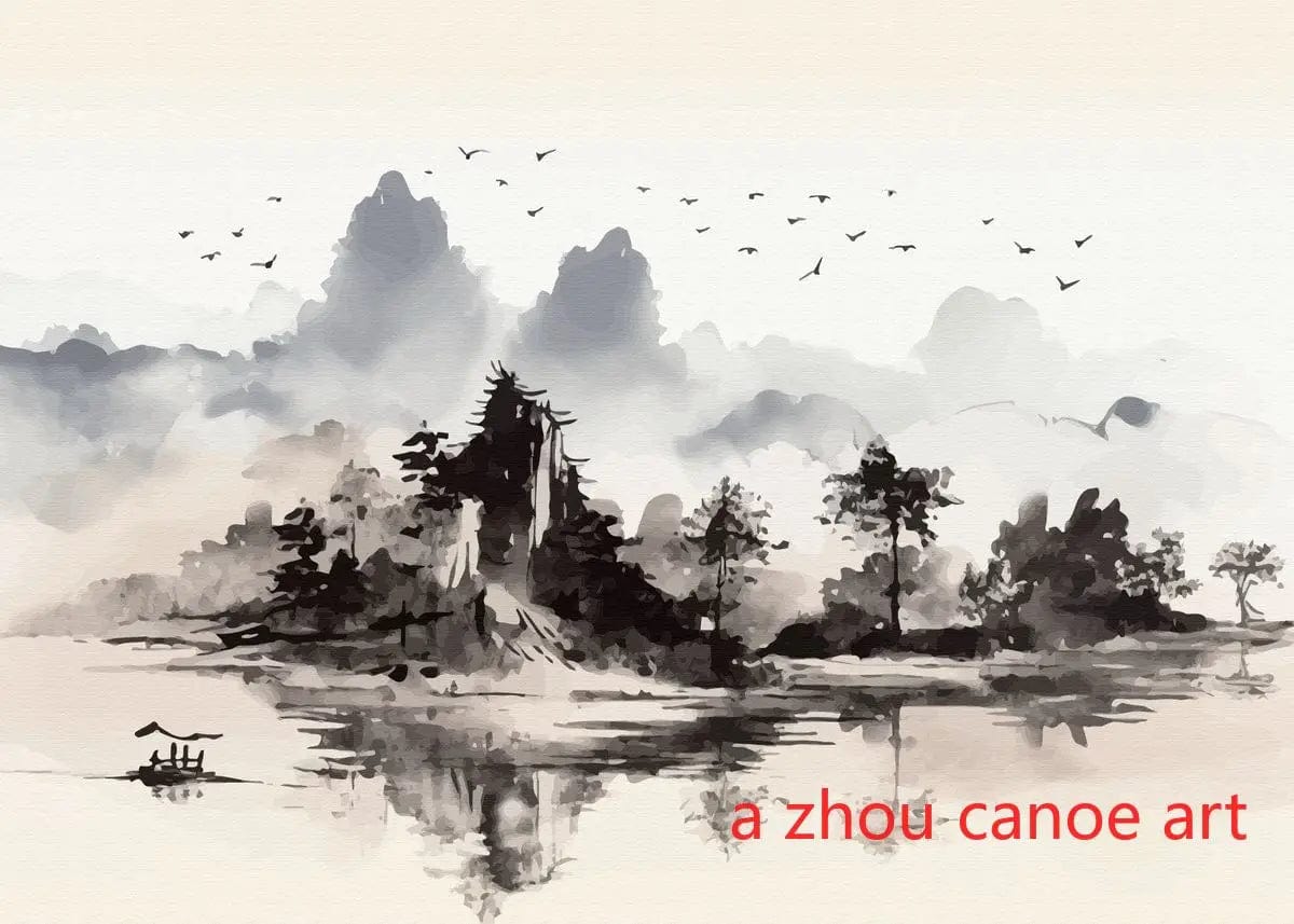 Canvanation 4 / 40X60cm Affiche Japonais Paysage Chinois Couple Oiseaux Forêt Montagne Rivière Poisson Carpe Koi