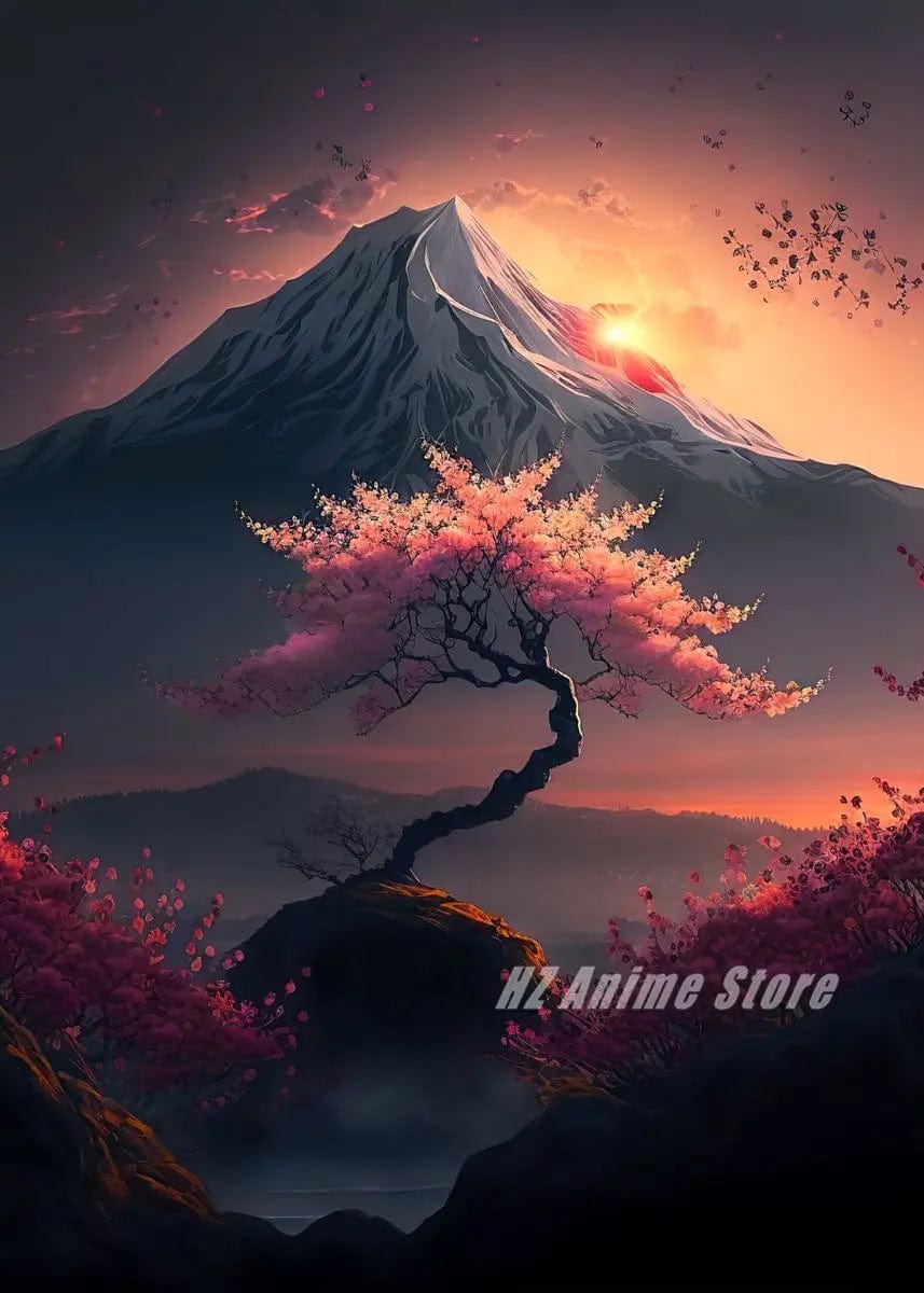 Canvanation Affiche Japonais Cerisier en fleur Sakura Lac Temple Japon
