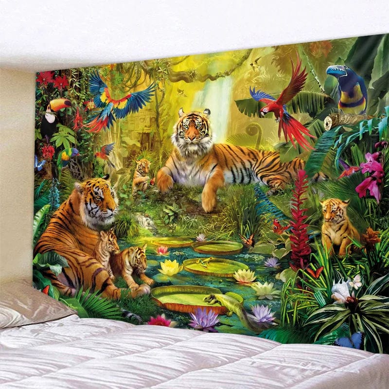 Canvanation Orange / 400x200cm Tapisserie d'art Jungle Oiseau Scène Psychédélique