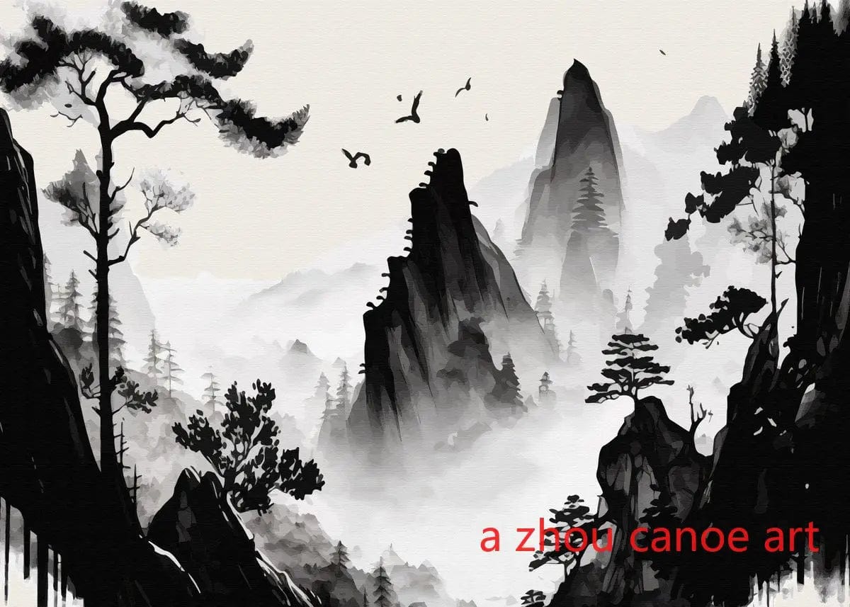 Canvanation 10 / 40X60cm Affiche Japonais Paysage Chinois Couple Oiseaux Forêt Montagne Rivière Poisson Carpe Koi