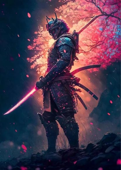 Canvanation light yellow / 55x80cm Affiche Japonais Samurai Sakura Guerrier Coucher De Soleil