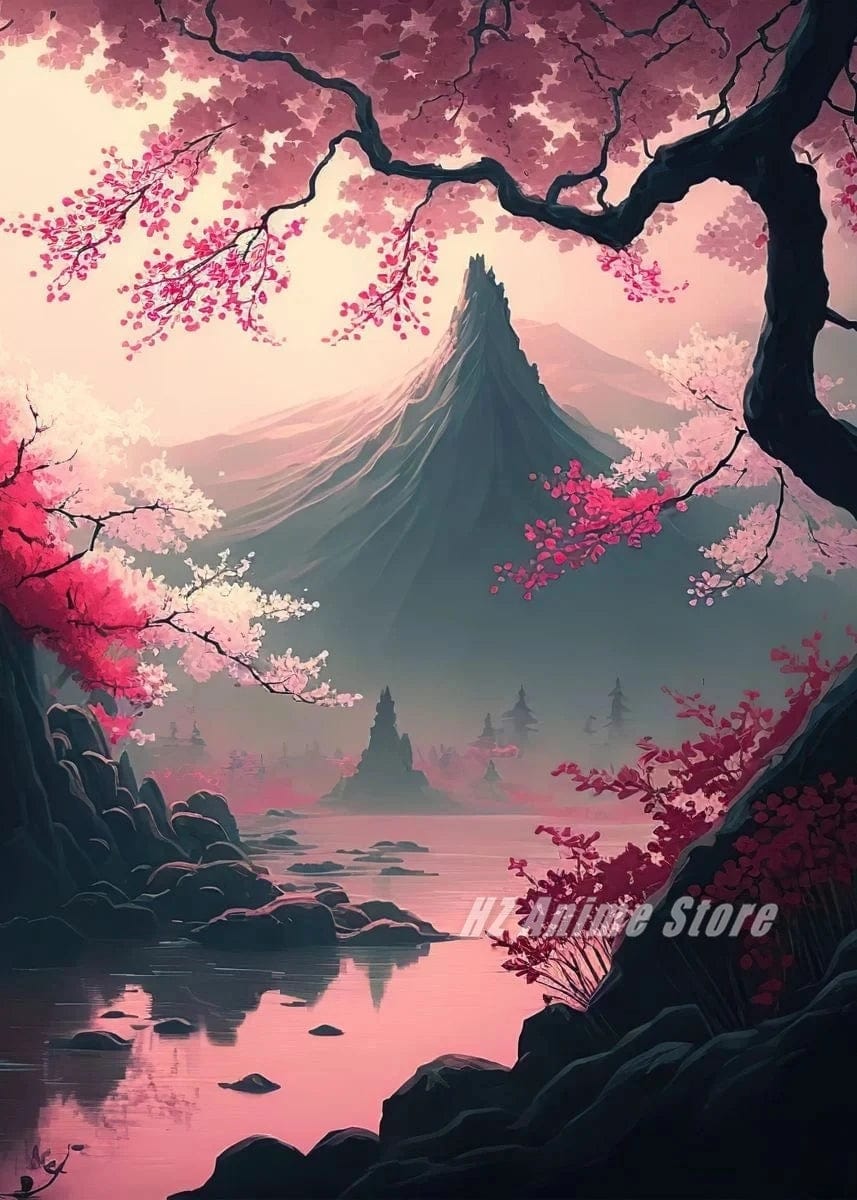 Canvanation 7 / 50X70cm Affiche Japonais Cerisier en fleur Sakura Lac Temple Japon