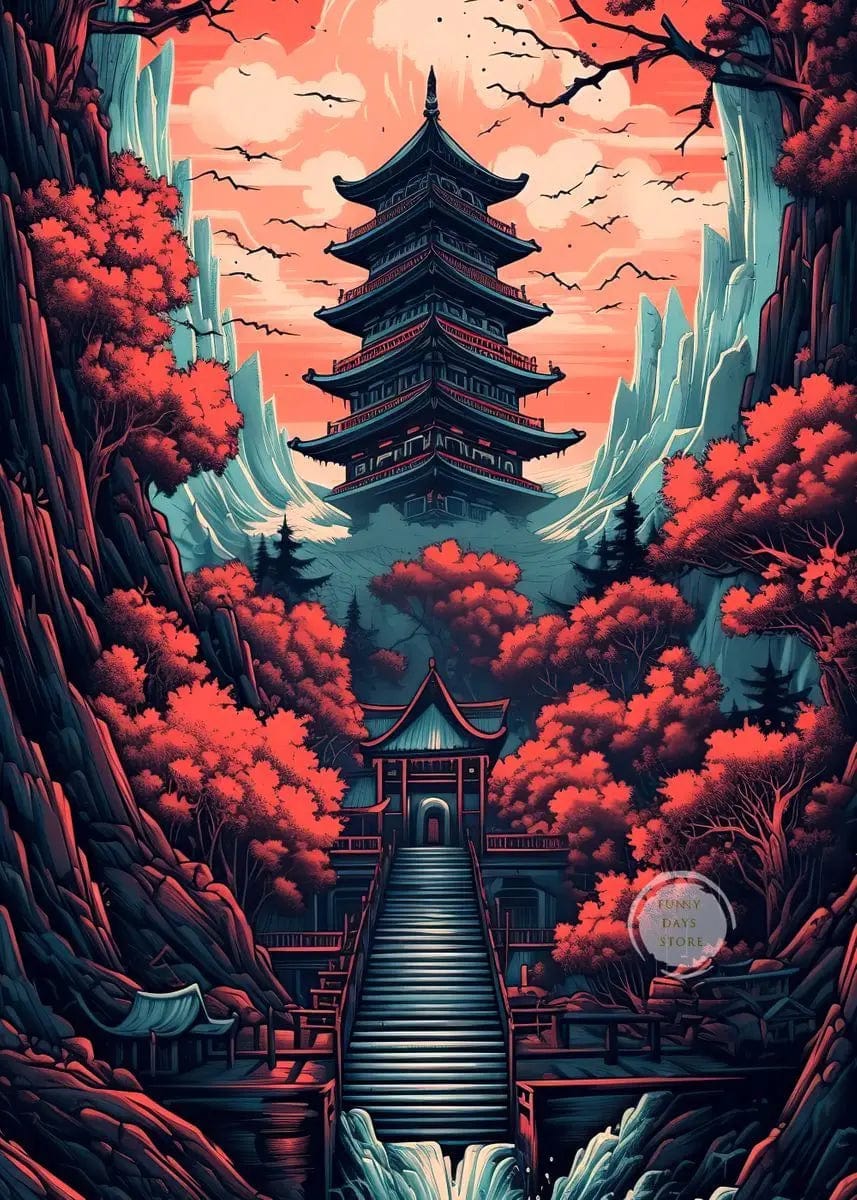Canvanation 50X70cm / 25 Affiche Japonais Cerisiers En Fleurs Sakura Temple Japon Paysages Mont Fuji