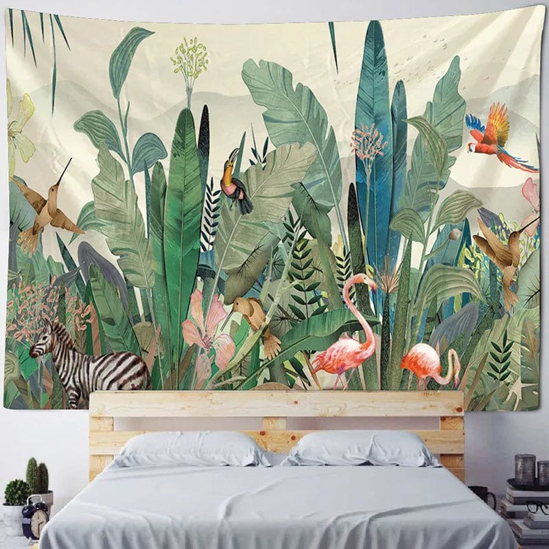 Canvanation Buff / 400x200cm Tapisserie d'Art Jungle Oiseau – Scène Psychédélique