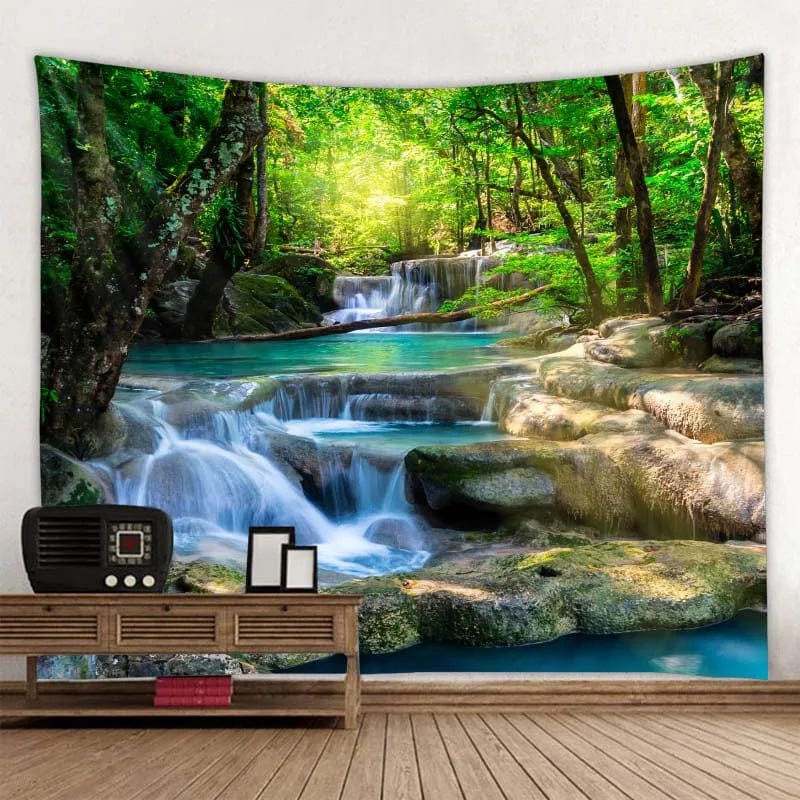 Canvanation green / 150x100cm Tapisserie de cascade imprimé forêt paysage