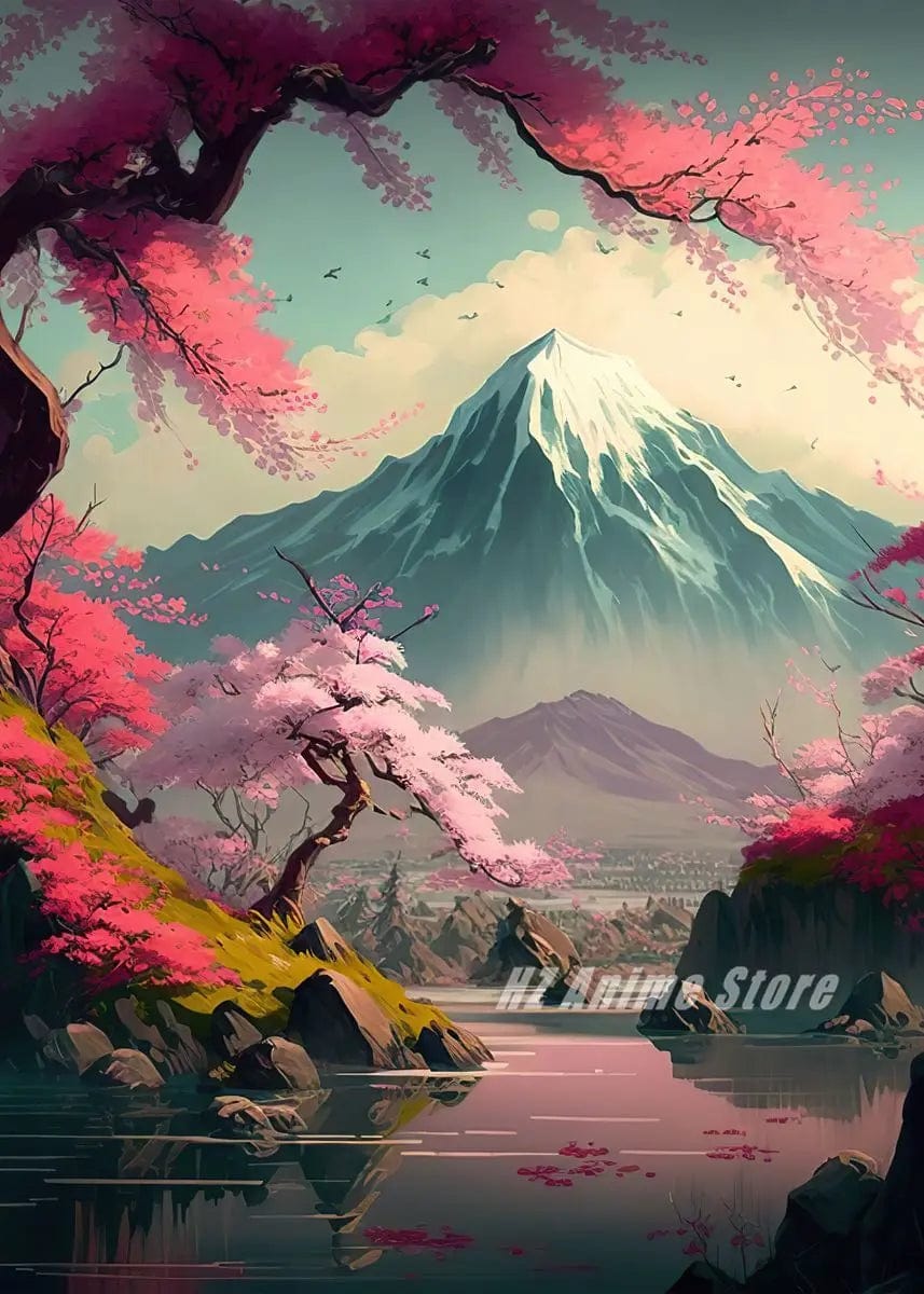 Canvanation 8 / 50X70cm Affiche Japonais Cerisier en fleur Sakura Lac Temple Japon