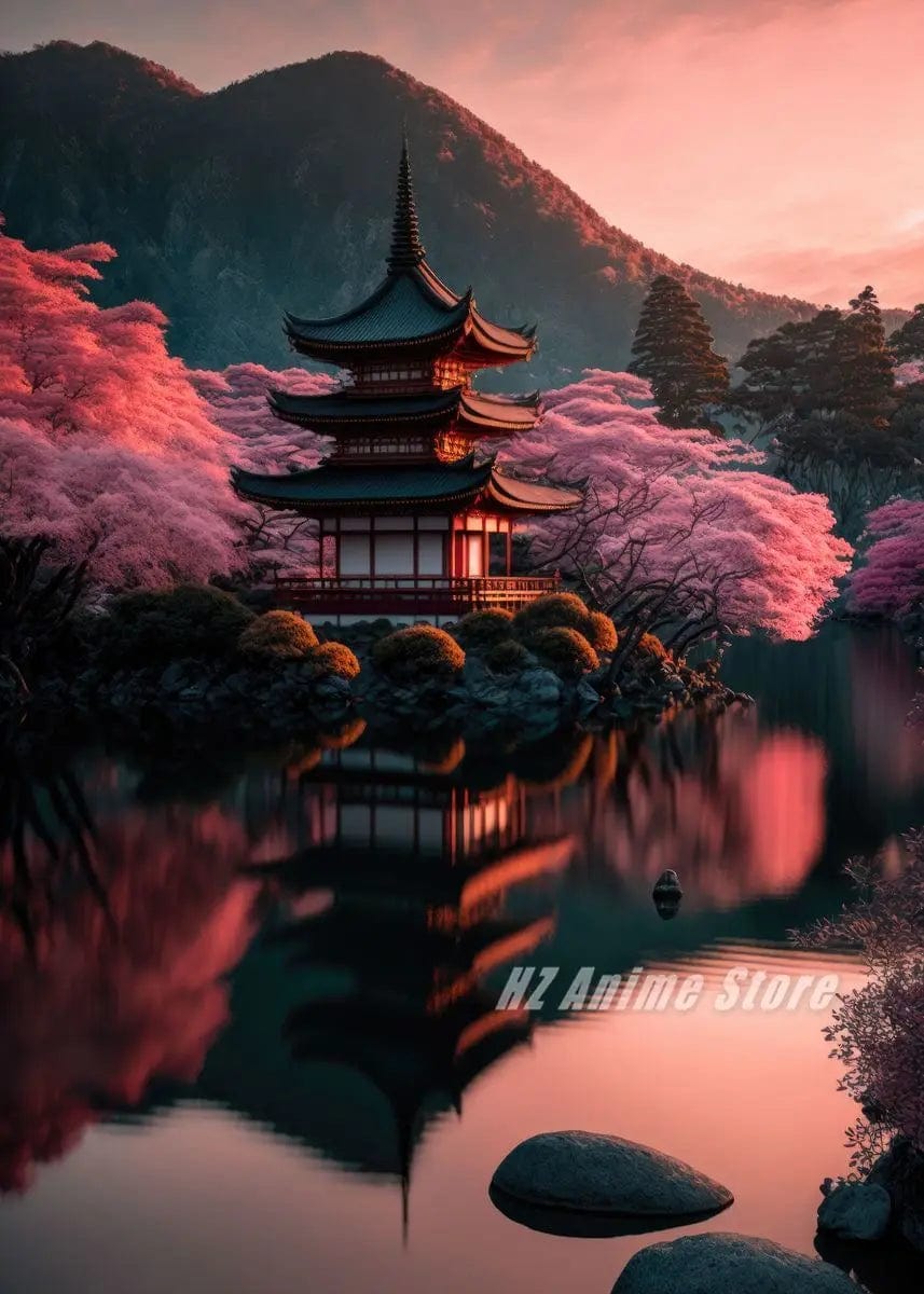 Canvanation 1 / 50X70cm Affiche Japonais Cerisier en fleur Sakura Lac Temple Japon