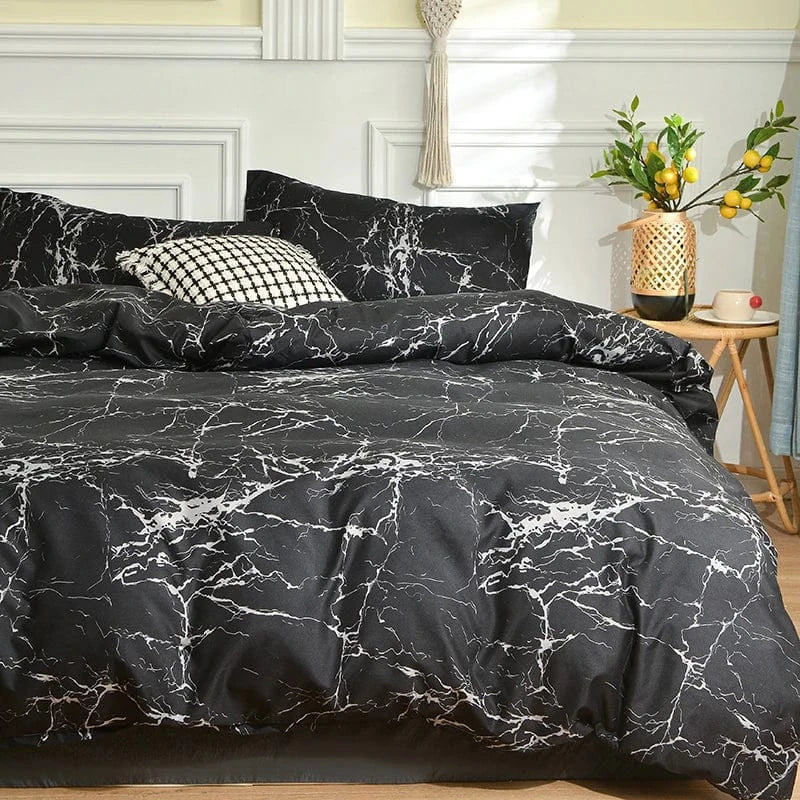 Canvanation Marbre Noir / 180x220cm + 2 pcs oreillers 48x74cm Housse De Couette - Effet Marbre Noir